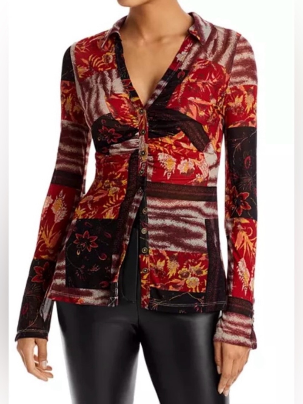 Free People Red&Black Floral Patchwork Mesh Collared Button-Down Blouse - Size M